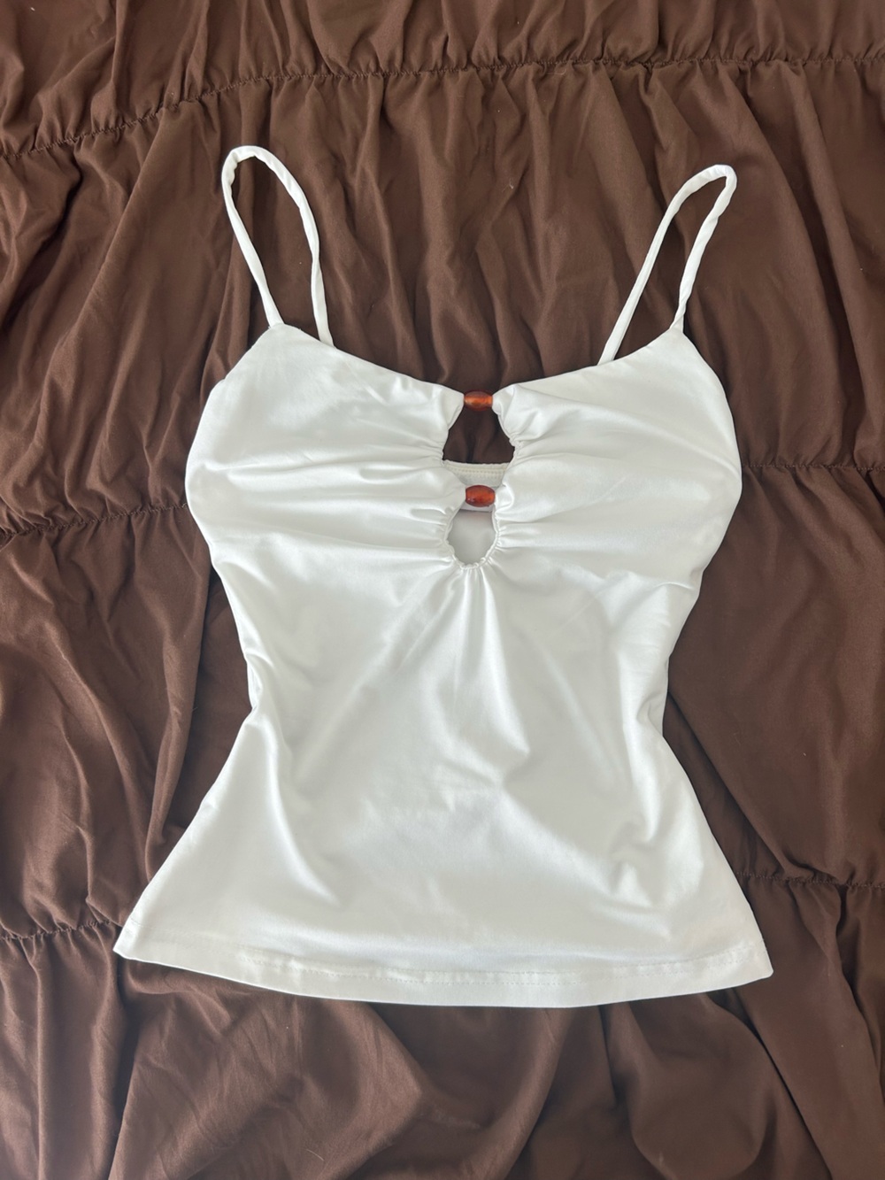 Princess Polly White Satin Spaghetti Strap Camisole with Brown Bead Accents